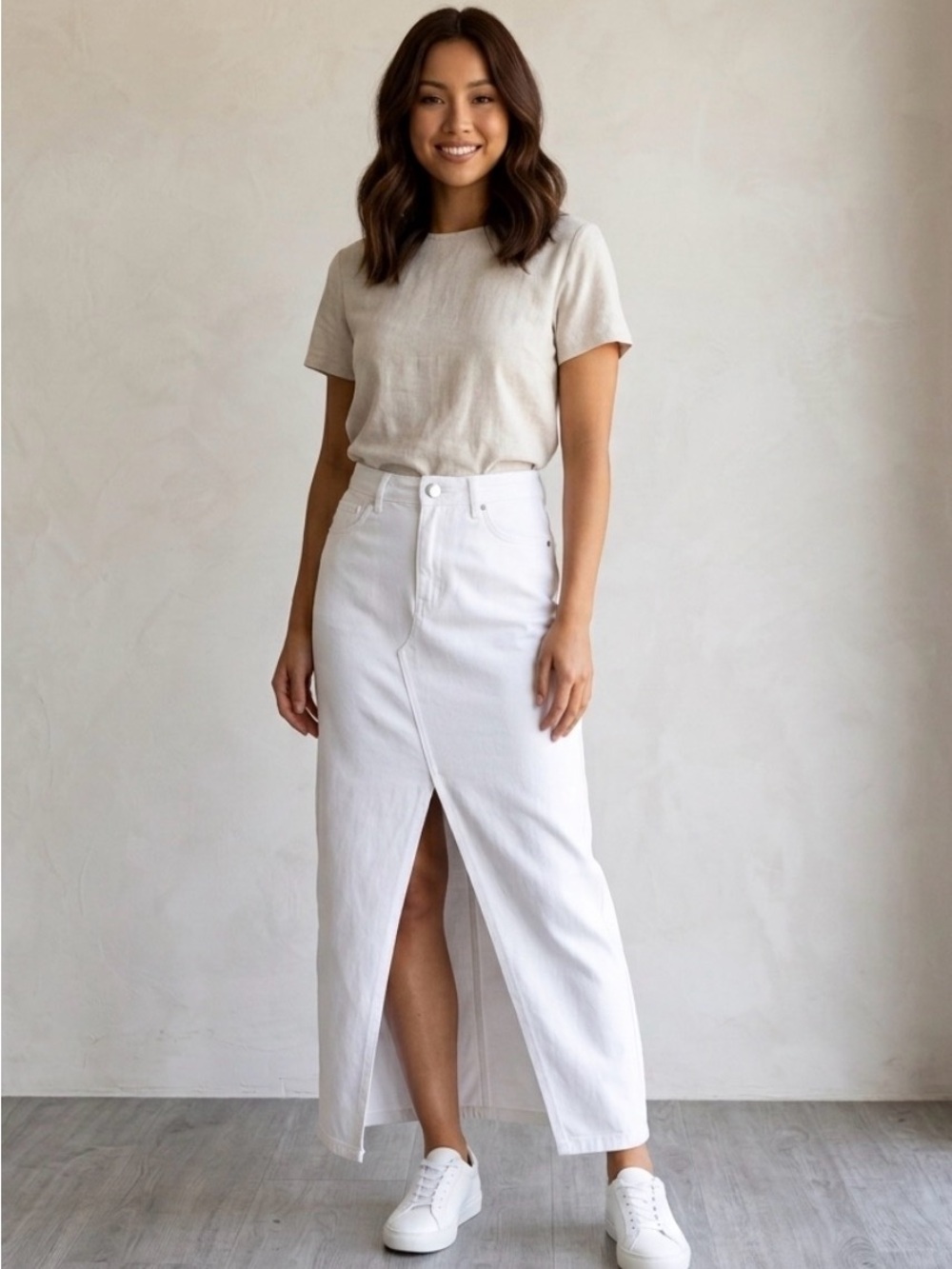 Princess Polly White Maxi Denim Skirt with Center Front Slit - Size 4